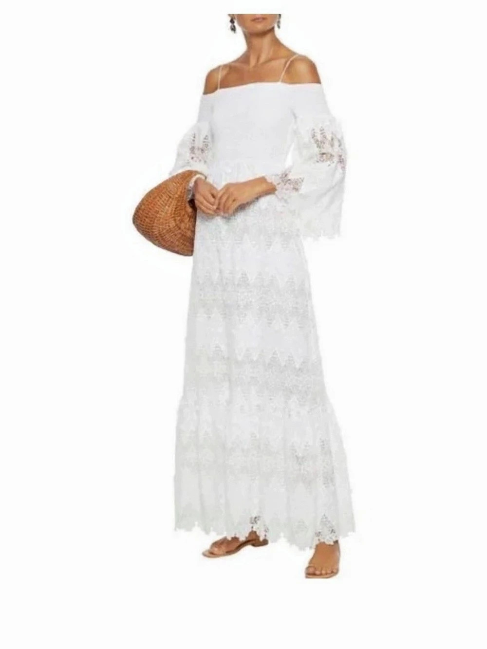 alice + olivia Roseline smocked White Lace Maxi Dress Large - Picture 3 of 16